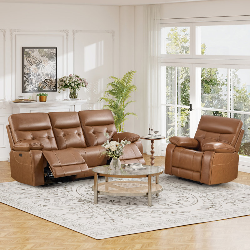 Ensemble de salon inclinable électrique capitonné 2 pièces 2 pièces - Canapé inclinable simple en cuir fleur + canapé 3 places avec porte-gobelet caché USB