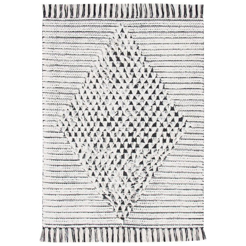 Vermont Flat Weave Wool/Cotton Striped Rug in Ivory/Black, Rectangle 5' x 8'