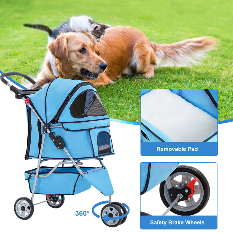 Blue 3-Wheel Folding Pet Stroller for Dogs