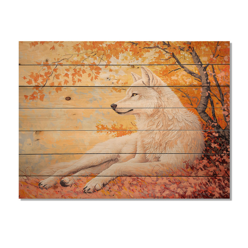 Loup en fleurs au coucher du soleil II - Art mural moderne en bois sur bois de pin naturel, H 30 po x l 40 po