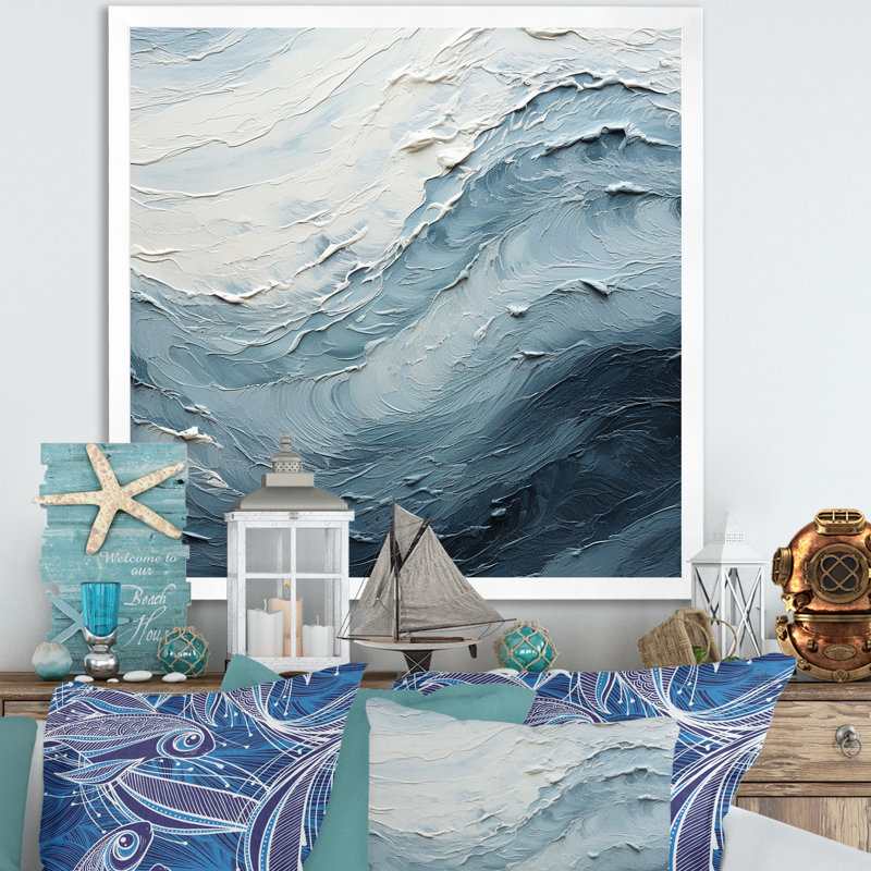 Minimalisme, peinture noire et bleue, vague II, Cadre simple blanc, H 16 po x l 16 po x P 1 po