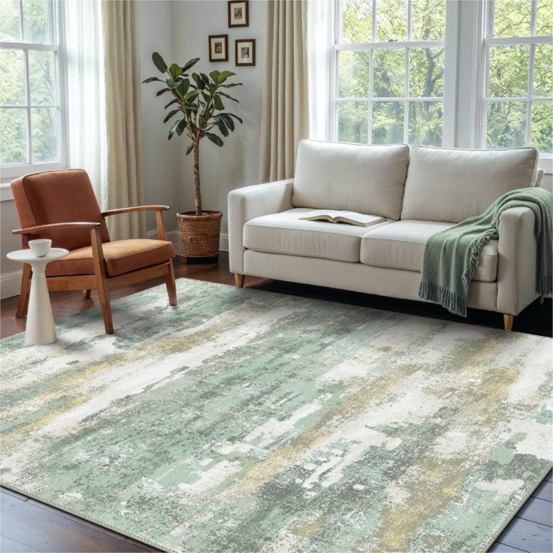 Tapis 3 x 5 pour la cuisine de l'entrée, tapis moderne et doux lavable à la machine, tapis d'intérieur à poils courts avec envers antidérapant, vert clair / crème