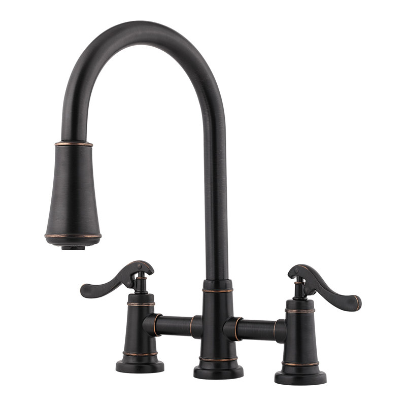 Ashfield Pull Down Double Handle Kitchen Faucet, Tuscan Bronze