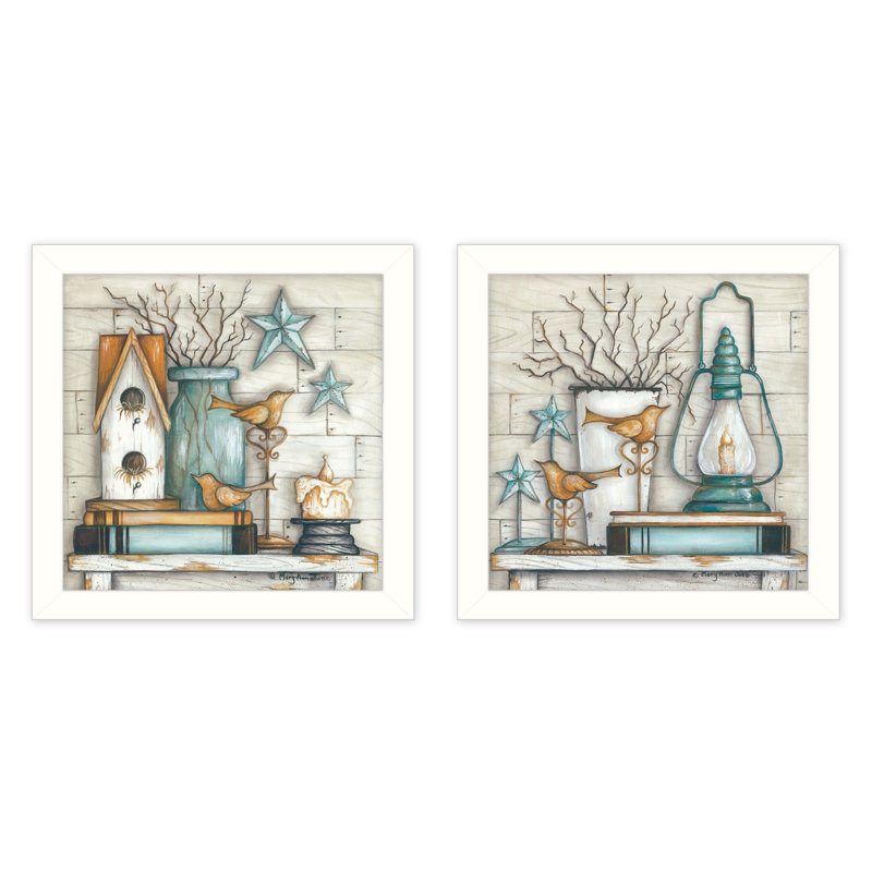 "Mary's Country Shelf", ensemble de 2 décorations murales encadrées par Mary June, Blanc