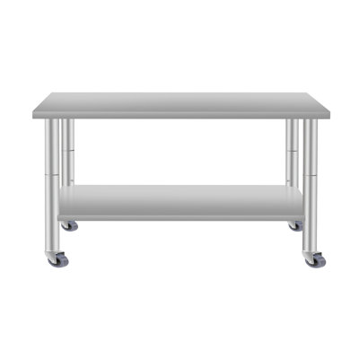 Table de travail de cuisine commerciale en acier inoxydable de 48 po de largeur avec tablette inférieure et roulettes, 24 po de profondeur, 35,5 po de hauteur, fabriquée à la main pour une utilisation à long terme dans les cuisines