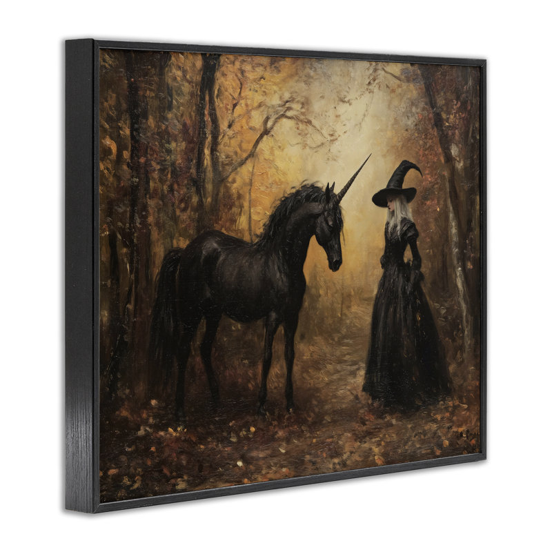 Sorcière et licorne noire, estampe numérique, design par Arlington Prints, H 24 po x l 30 po, Giclée encadrée noir minuit