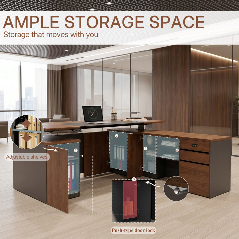Bureau assis-debout de direction de luxe en forme de L avec caisson de rangement, réglable en hauteur électrique, avec prises électriques, ports USB, étagères de rangement et tiroir verrouillable, finition noyer/noir.