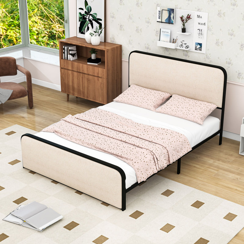 Structure de lit plateforme en métal avec tête de lit en tissu, Grand