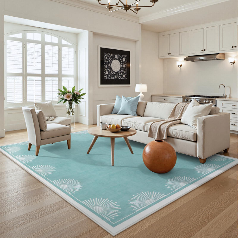 Modern Washable Bedroom Rugs Low Pile Soft Rug for Living Room Aqua Sun Printed Dining Room Rugs for Under Table Throw Carpets for Nursery Kids