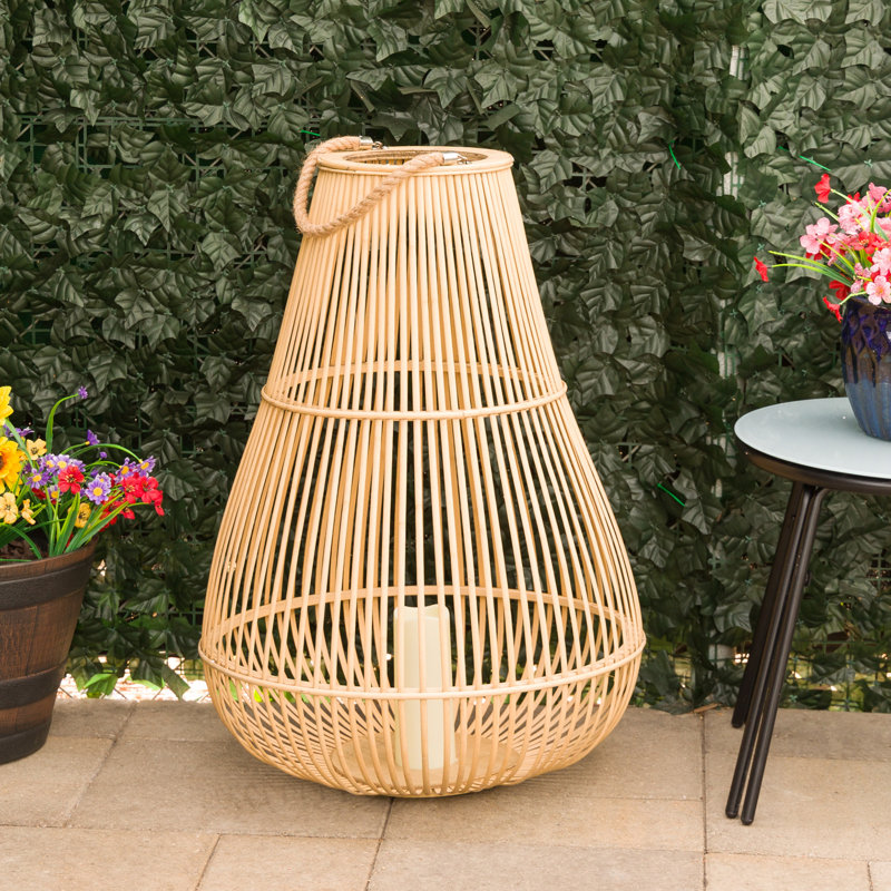 Bamboo Outdoor Lantern With Light Brown Finish And Led Candle For Patio & Garden Décor