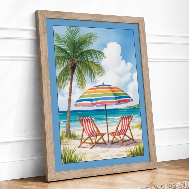 Deck Chairs Under Rainbow Coastal - Framed Print, A1 - 84.1 x 59.4 cm, Oak