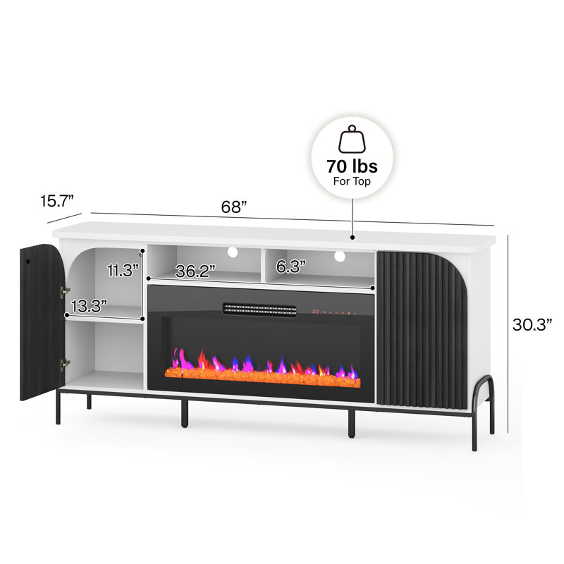 Elegant 68 Inch TV Stand with 36" Electric Fireplace Entertainment centre W/ adjustable shelves, White