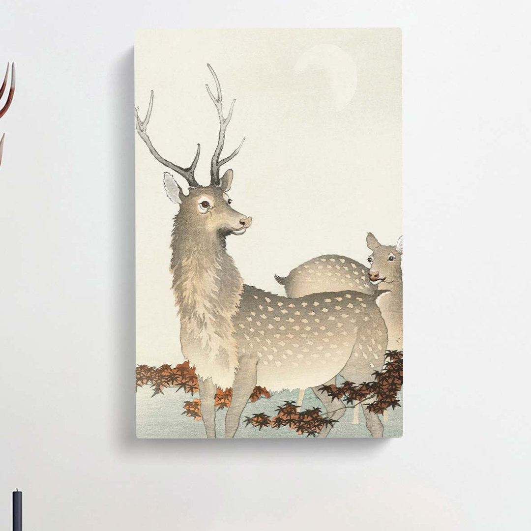 Stag and Doe Deer by Ohara Koson - Wrapped Canvas Painting Print