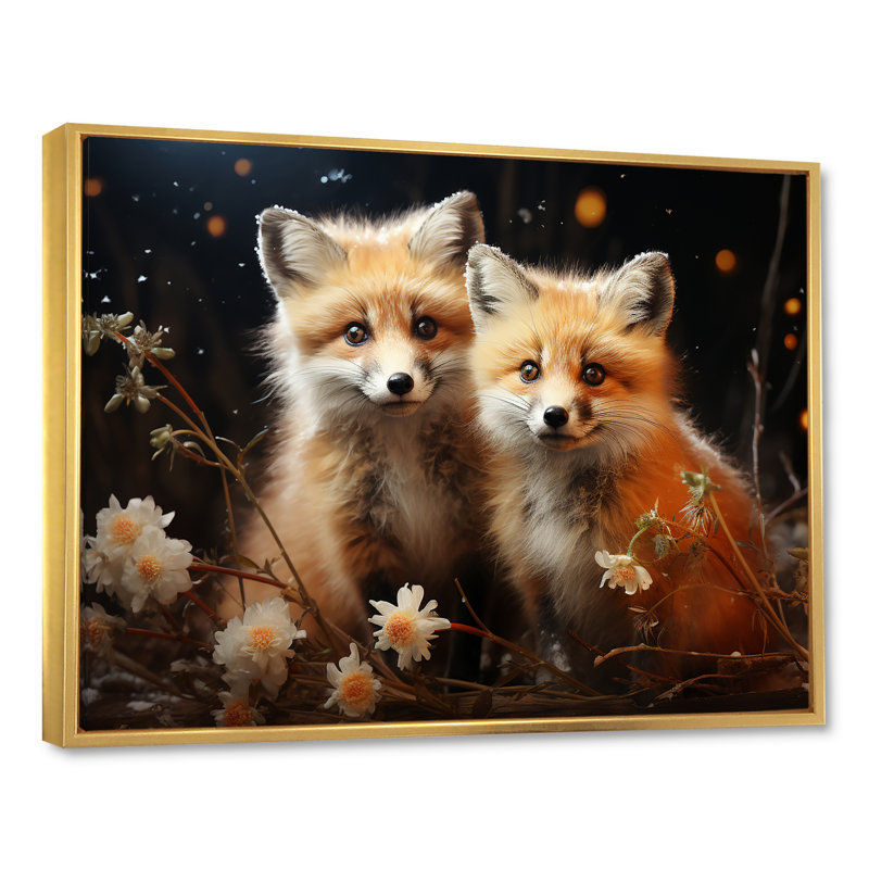 Printemps, renards mignons, regard III - art mural animal renard, Cadre flottant doré, H 34 po x l 44 po x P 1,5 po