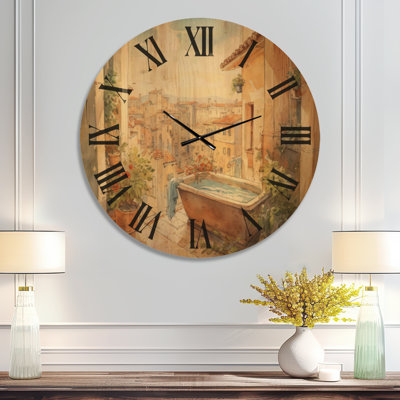 Bathtub Bliss with a View of Mediterranean City – Oversized Botanical Wood Wall Clock