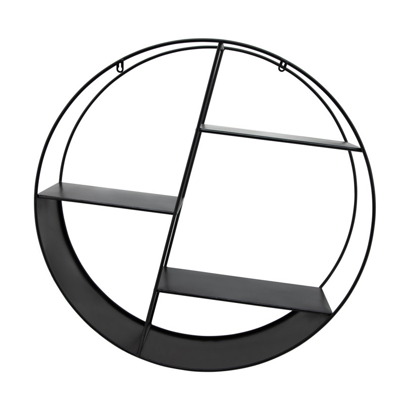 Modern Metal Wall Shelf with Round Geometric Frame and Tiered Open Storage, Black