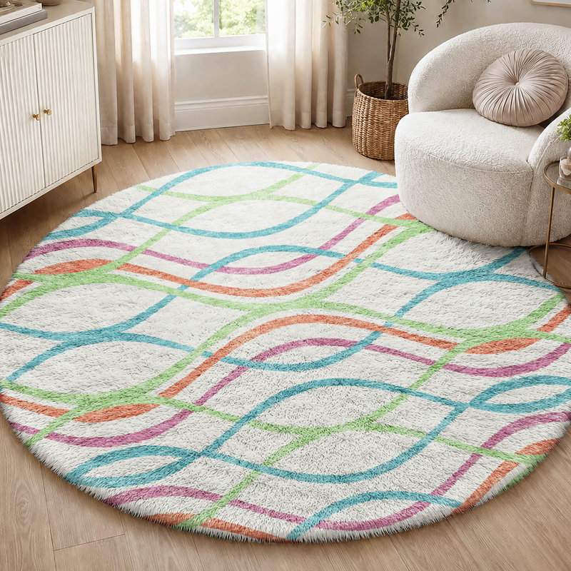 Tapis à poils longs lavable à la machine de qualité supérieure ADS757, White, 8' Round