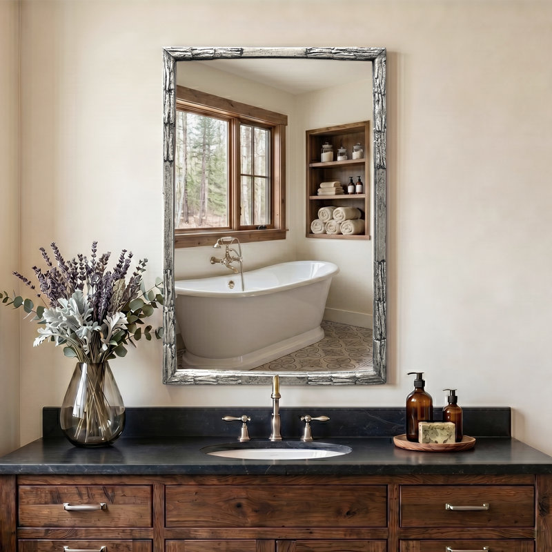 Miroir mural de salle de bain 36 po x 24 po, miroir mural encadré en métal texturé écorce argent antique