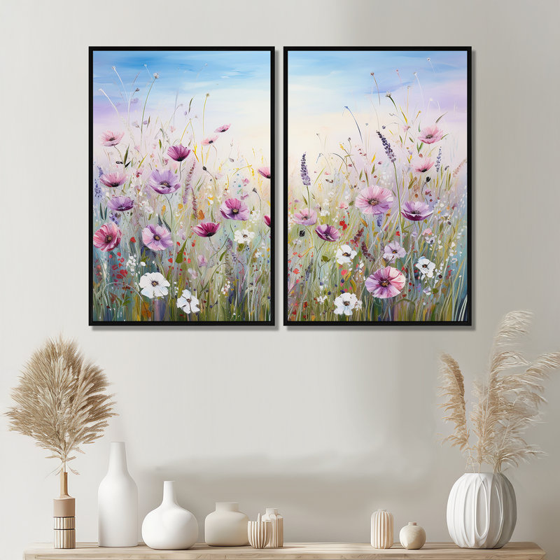 Fleurs sauvages Meadows III - impressions sur toile mauves, Impression encadrée flottante, Black, 36" H x 48" W