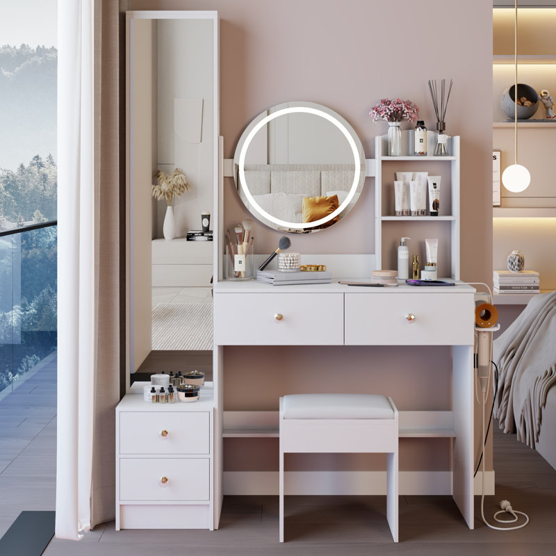 Full Body Mirror Cabinet + Round Mirror LED Vanity Table + Cushioned Stool, With 2 AC + 2 USB Power Station,17" Diameter LED Mirror, Touch Control, 3-Color, Brightness Adjustable, Large Desktop, Makeup Vanity