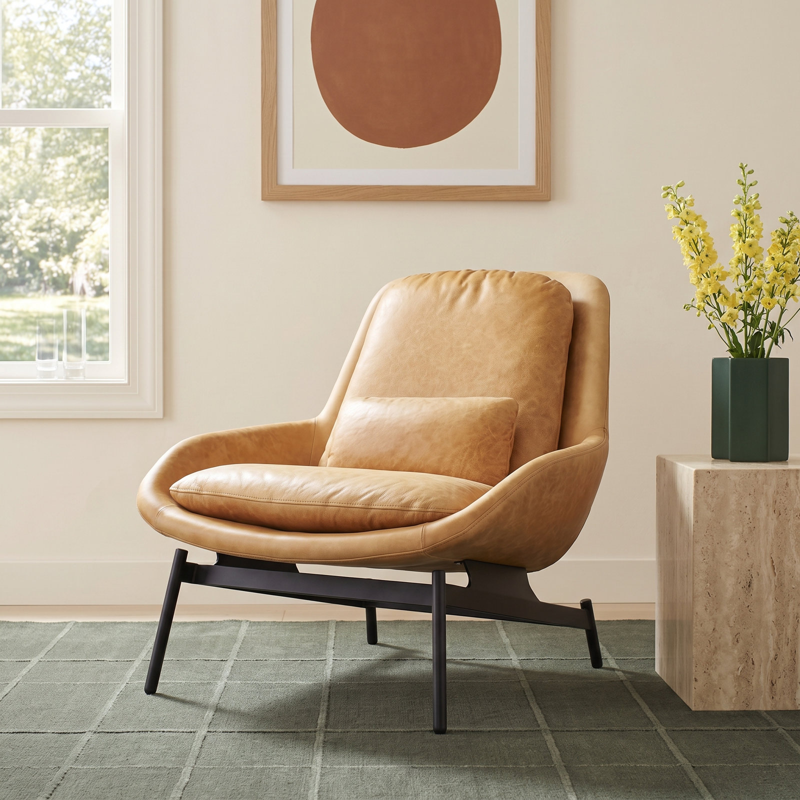 Field Upholstered Accent Chair, Camel Genuine Leather