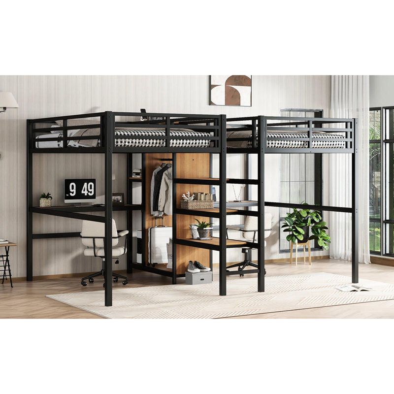 Lit mezzanine simple en métal avec bureau double, rangement et prises de courant, espace de réduction de bruit - Apparence au-dessus d'un lit simple, garde-robe, tablettes, prise électrique pour une recharge pratique, économie