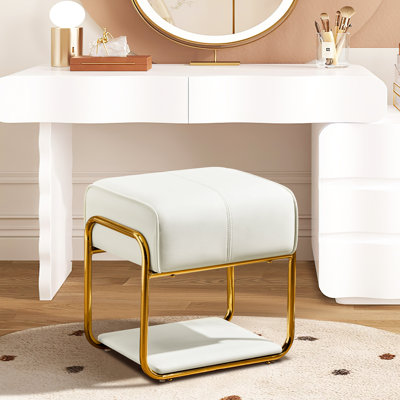 Upholstered Accent Stool with Thick Cushion and Gold Metal Legs