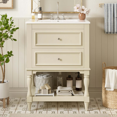 24'' Bathroom Vanity With Ceramic Sink, Bathroom Storage Cabinet With Open Shelf, Retro Design Bathroom Cabinet With 2 Drawers