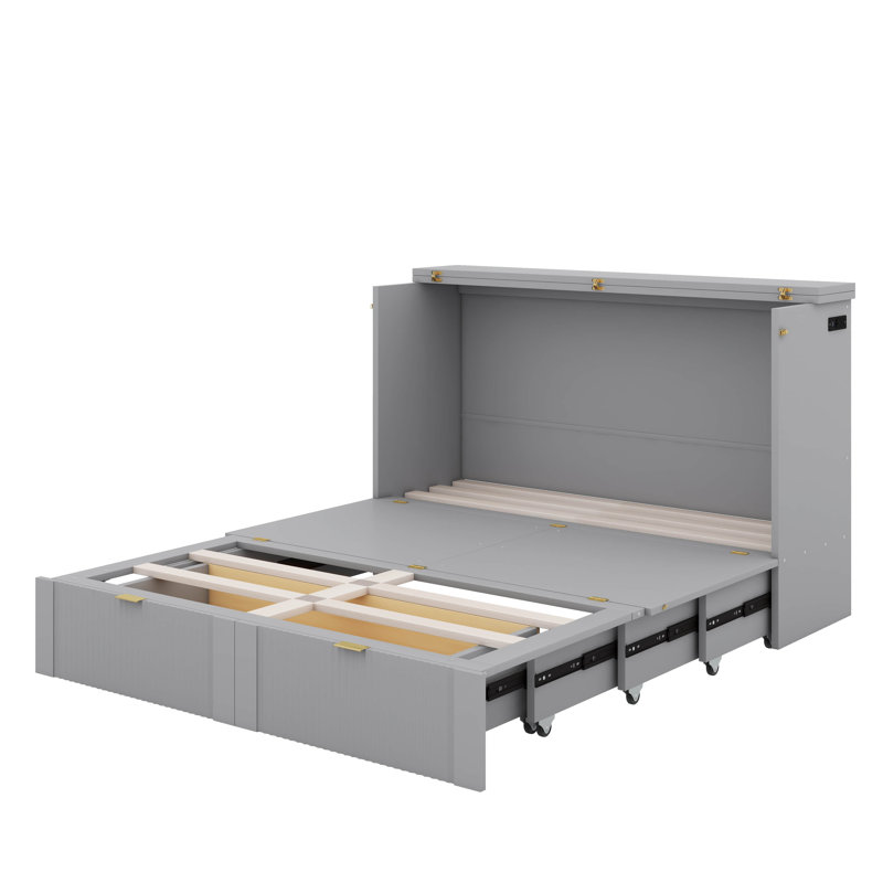 Lit escamotable double avec tiroir et port USB, Gris