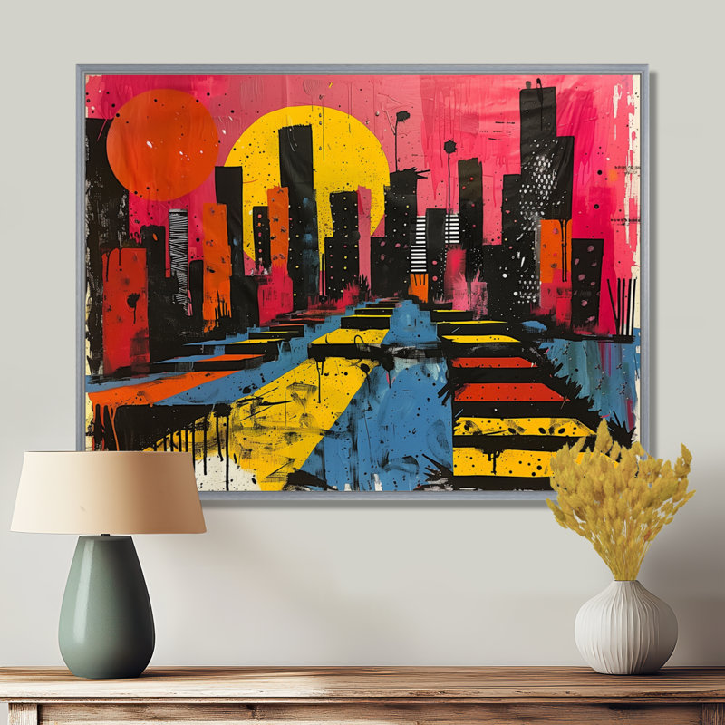 Impression d'art mural orange, rose, paysage urbain II - gratte-ciel, Encadrement argenté, H 12 po x l 20 po
