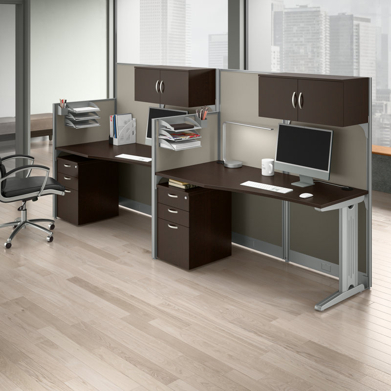 BBF Office In An Hour 2 Person Straight Cubicle Desks with Storage, Drawers, and Organizers, Mocha Cherry