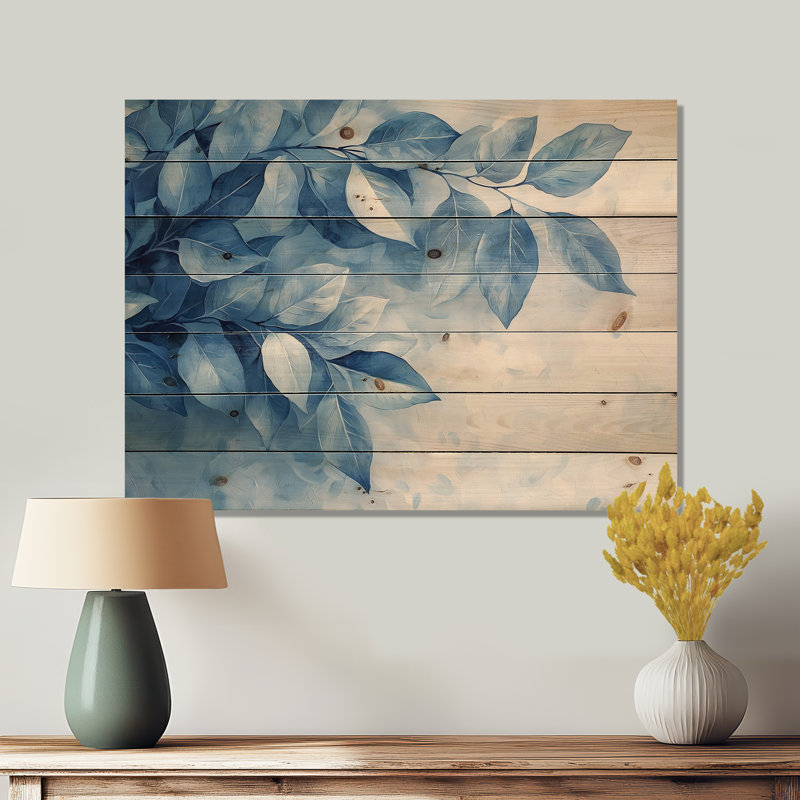 Feuilles douces dans l'aquarelle «Hazy Blues II» - Décoration murale en bois de plantes - sur bois de pin naturel