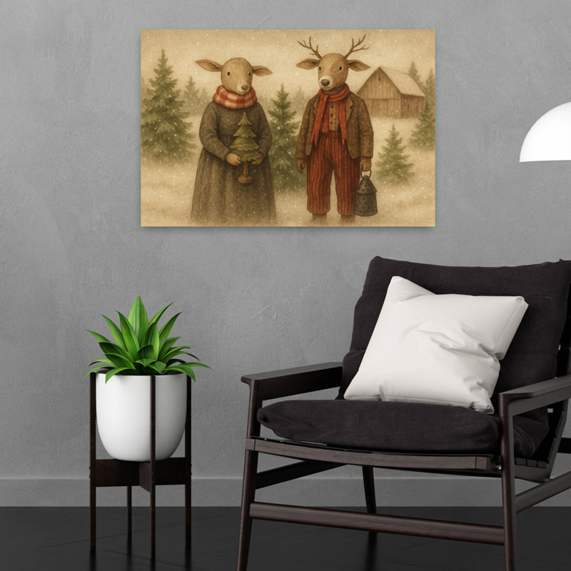 Art primitif de forêt de cerfs vintage rustique fantaisiste, H 16 po x l 24 po