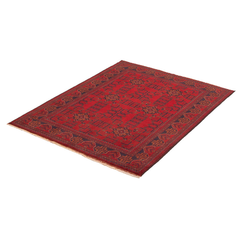 Tapis rouge en laine noué à la main de conception unique 4 pi 11 po x 6 pi 6 po Monelle