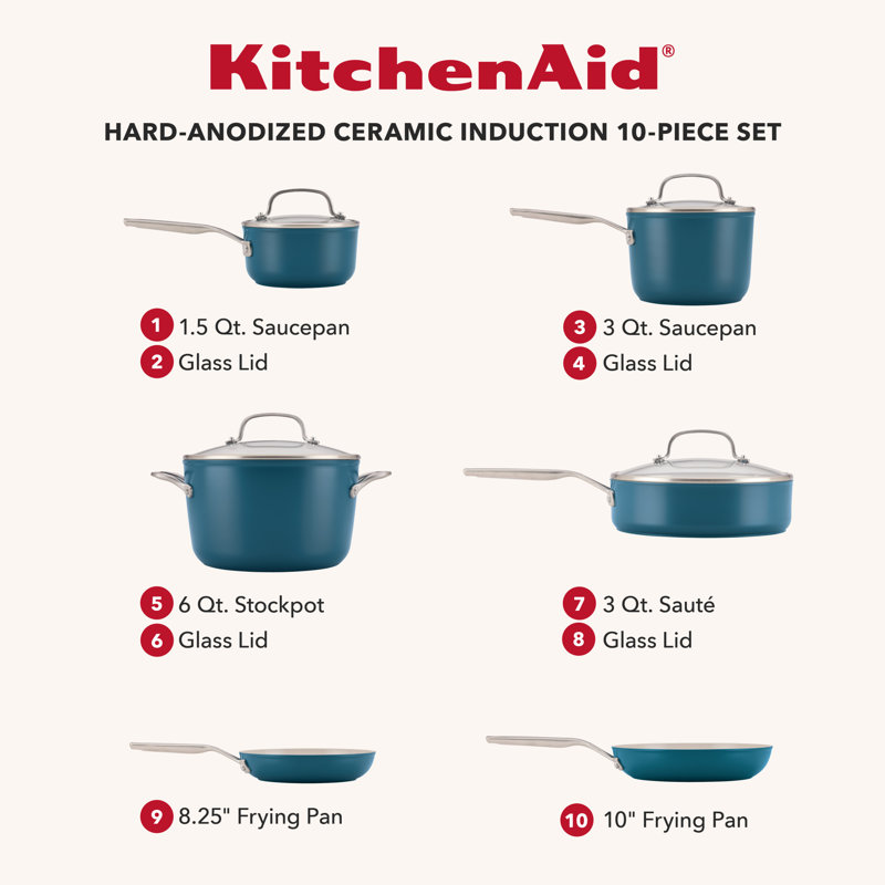 Kitchenaid Hard-Anodized Ceramic Induction Cookware Set, 10 Piece, Agave, Blue