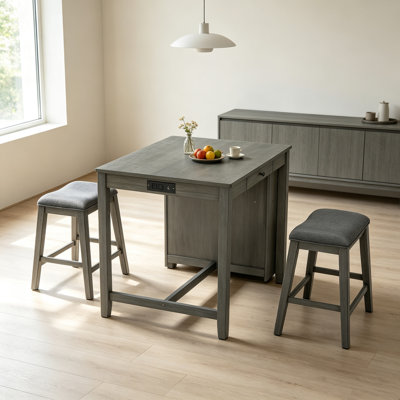 Modern Farmhouse 3‑Piece Bar Table Set, Gray Finish Counter Height Table with Built‑in Power Outlet and 2 Upholstered Stools for Kitchen Coffee Nook
