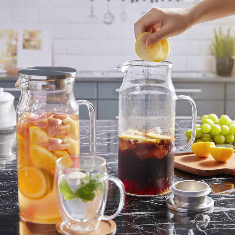 Pichet en verre de 2 litres (68 oz) avec couvercle et poignée, carafe en verre pour eau chaude/froide, transparent