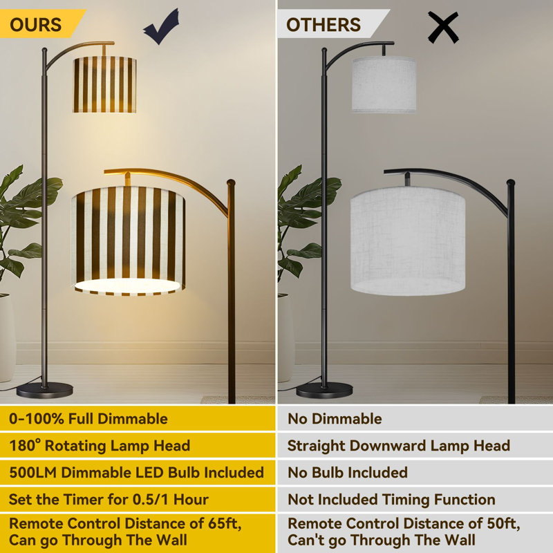 Arc Floor Lamp Striped black white Floor Lamps with Remote LED Lights Adjustable Lamp Shades Tall Standing Lamps for Reading Office Living Room