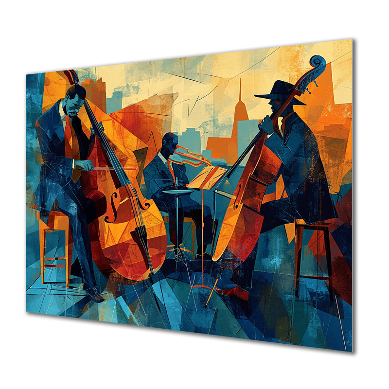 Jazz Silhouettes rétro bleu et brun - art mural musicien, Toile avec cadre flottant or, H 34 po x l 44 po x P 1,5 po