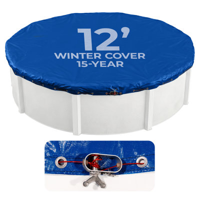Blue Wave Arctic Armor 12-ft Round Above Ground Pool Winter Cover, Heavy Duty Solid Cover with 14x14 Laminated Polyethylene, 4-ft Overlap, Metal Grommets, Cable and Winch, 15-Year Limited Warranty