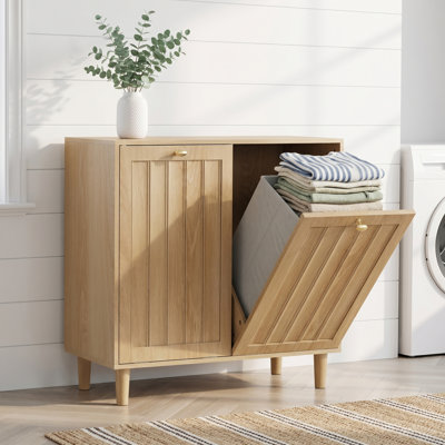 27.80'' Sloping Laundry Basket Cabinet with Removable Inner Bins, Freestanding Concealed Laundry Storage for Bathroom Laundry Room Balcony