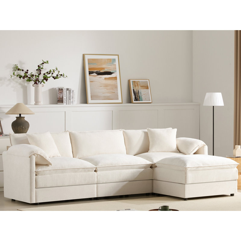 Canapés modulaires, canapé-lit moderne en L à 4 places de 103,5 po et repose-pieds mobile pour salon | Chenille | Crème