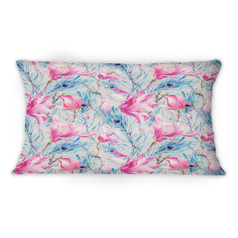 Coussin décoratif avec motif à motif de plumes de paon et de magnolia II