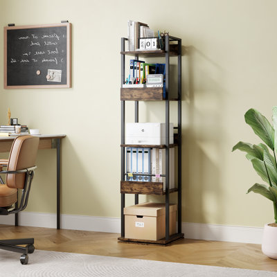 Tall Narrow Vertical Bookcase with Asymmetric Open Shelves, Slim Freestanding Corner Bookshelf, 5-Tier Staggered Display Storage Rack for Bedroom, Small Space, Gap Side Organizer