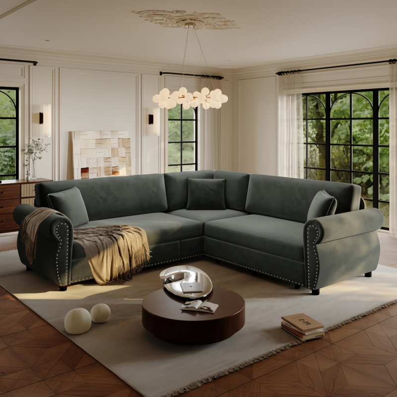 Canapé-lit modulaire en L 88,2 po avec lit escamotable, garniture cloutée, accoudoirs roulés et revêtement en chenille pour le salon, l’appartement, le bureau