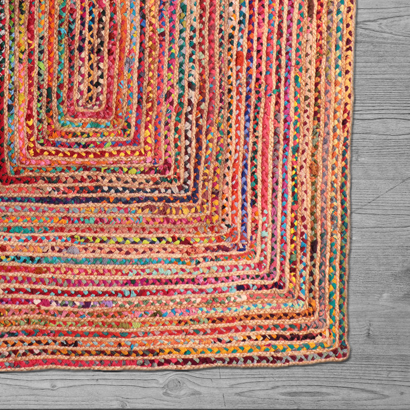 Tapis rouge / bleu / vert en jute / coton tressé à la main Lightle Chindi, Rond 3 pi