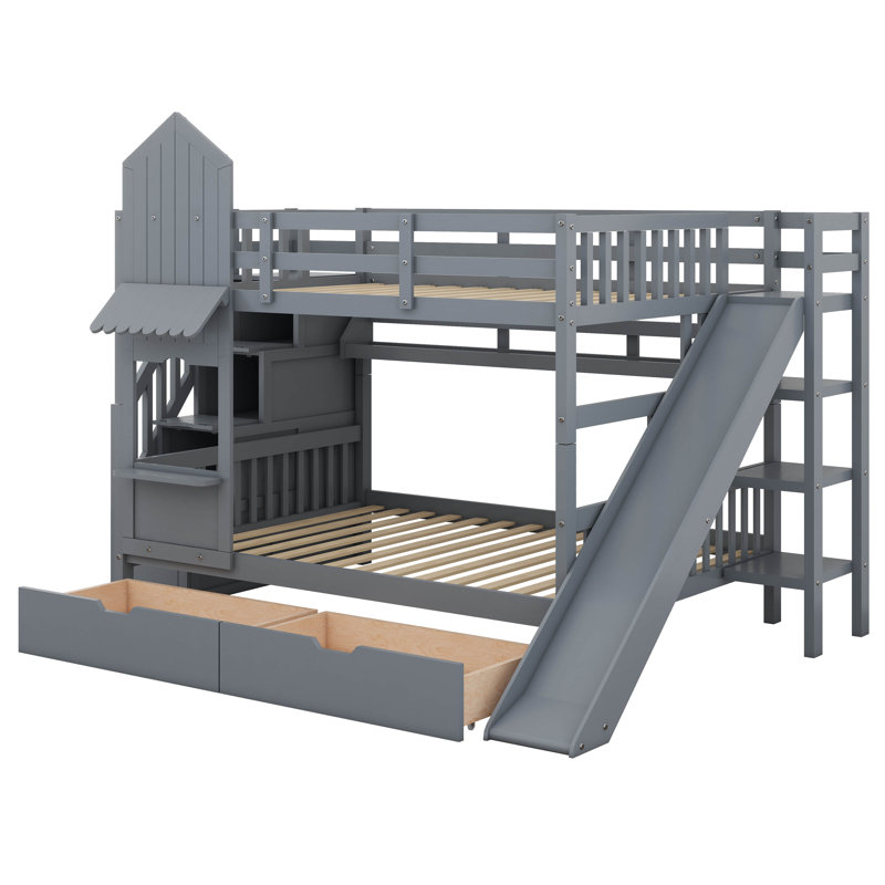 Lit superposé double de style château avec 2 tiroirs, 3 tablettes et glissières, rails de sécurité robustes, Gris