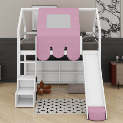 Twin House-Shaped Loft Bed With A Tent