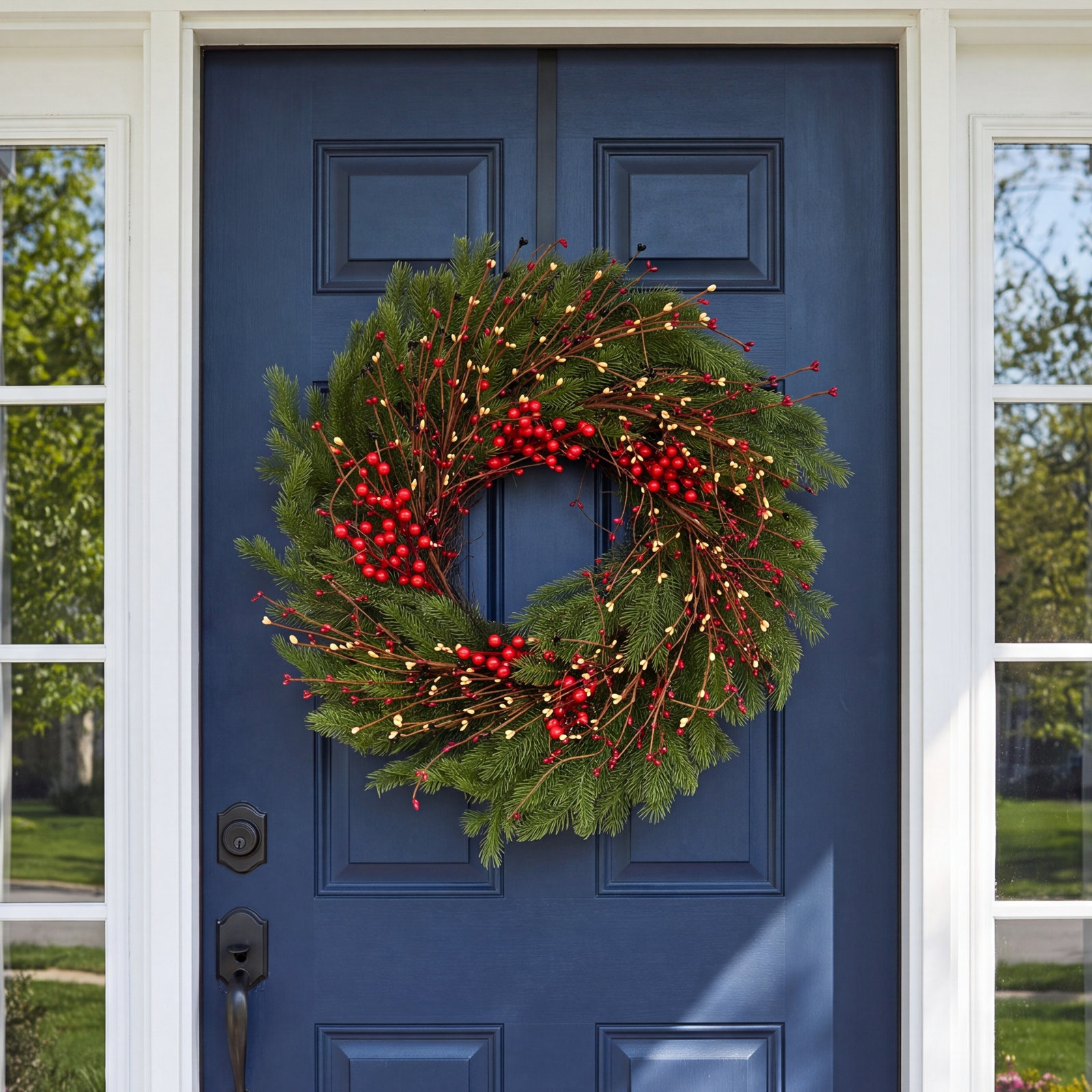 24" Handcrafted Frosted Pine Christmas Wreath, Green/Red/Brown/Black