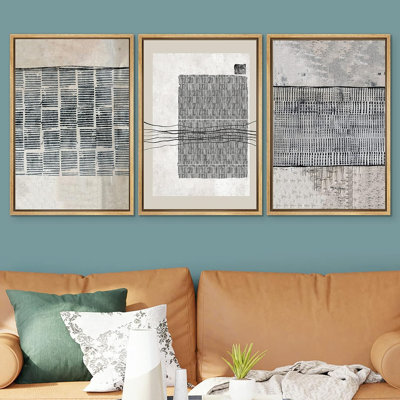 Geometric Line Black Tan Industrial Line Art Pattern Abstract Shapes Cozy Neutral Framed On Canvas 3 Pieces Print
